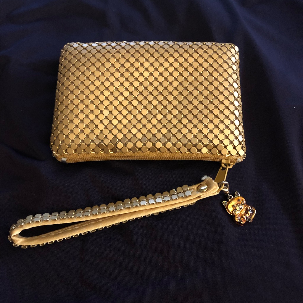 Gold Metal Vintage Change Purse Retro Disco With Kitty Charm Wristlet